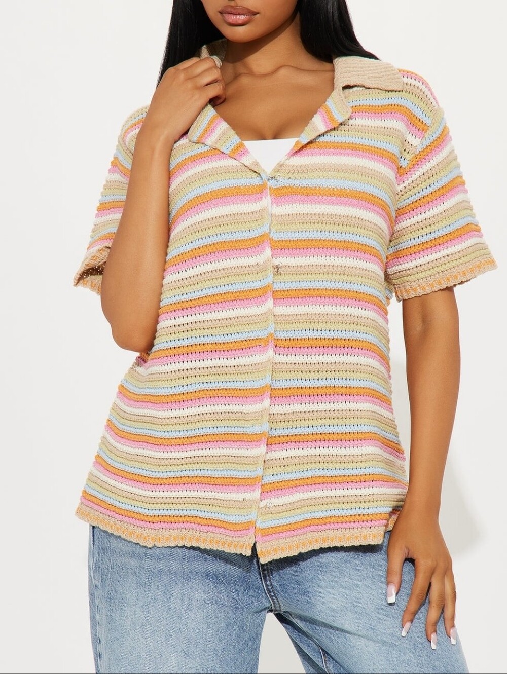Striped Pastel Crochet Short-Sleeve Top - Multicolor